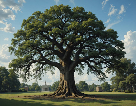 Old big tree in the park on a sunny day, UK.の素材