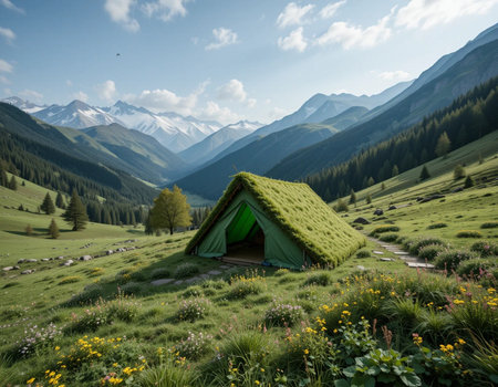 Green tent on the grassy meadow in mountains. summer landscapeの素材