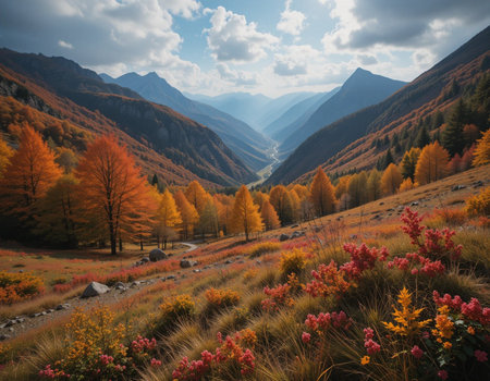 Autumn landscape with colorful forest in Caucasus mountains, Georgia, Caucasusの素材