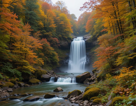 Autumn forest waterfall in the mountains. Beautiful nature landscape with a waterfall in the forest.の素材