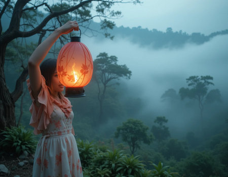 Young Asian woman holding a lantern in the misty forest.の素材
