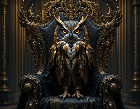 Owl sitting on the throne. 3d illustration. Vintage style.の素材