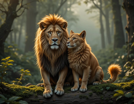 Lion and lioness in the forest. 3d rendering.の素材