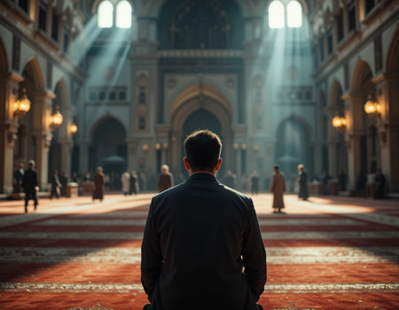 Muslim man praying at the mosque in the evening, back view.の素材