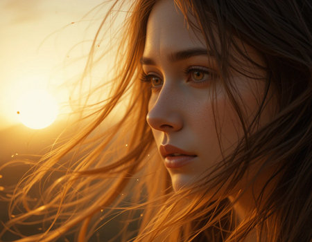 Portrait of a beautiful girl with long hair in the rays of the setting sunの素材