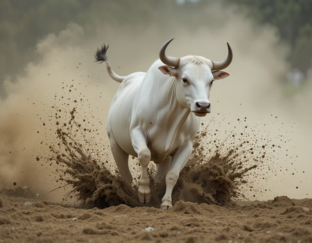 White cow running through sand in a mud pit, South Africa.の素材