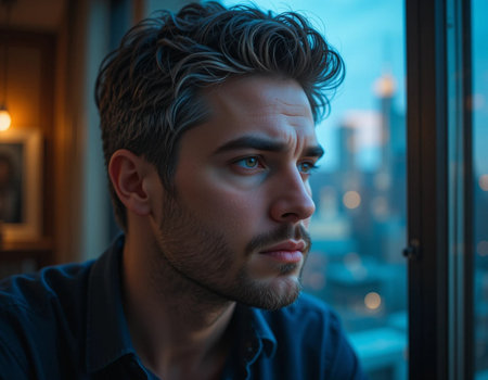 Portrait of a young handsome man looking out the window at nightの素材