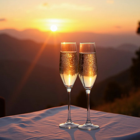 Two glasses of champagne on a table against the backdrop of the sunsetの素材