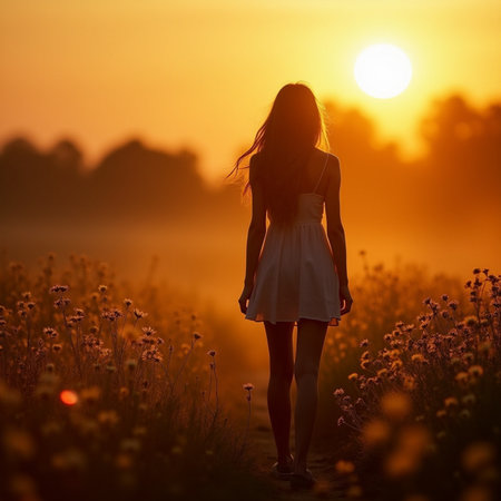 Silhouette of a beautiful young woman in a field at sunsetの素材