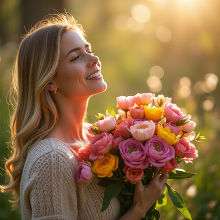 Beautiful young woman with bouquet of flowers in her hands.の素材