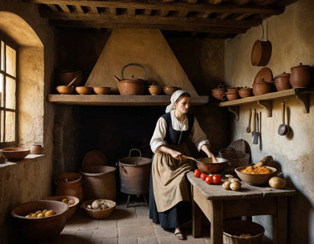 Young woman cooking in her rustic kitchen. Authentic lifestyle image.の素材