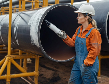 Female worker in uniform and hardhat checking oil pipeline at construction siteの素材