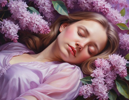 Portrait of a beautiful young woman lying among the lilac flowersの素材