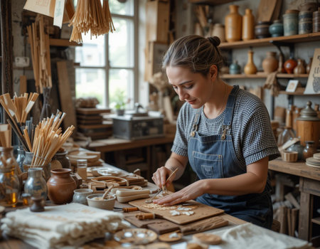 Female potter working with clay in her workshop. Selective focus.の素材