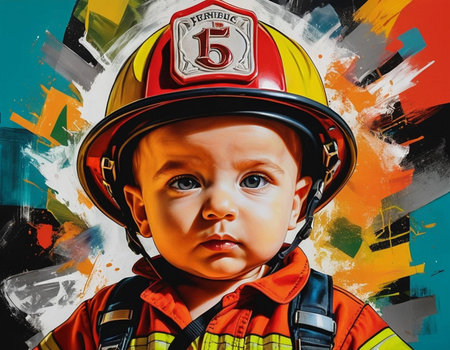 Portrait of a child in a firefighter uniform on a colorful background.の素材