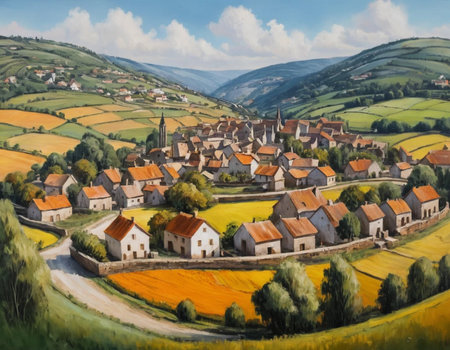A painting of a small village in the middle of the countryside.の素材