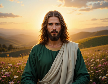 Jesus Christ on the mountain meadow at sunset. Jesus Christ on the meadowの素材