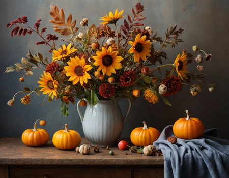 Autumn still life with pumpkins and flowers on rustic backgroundの素材