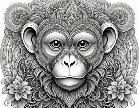 Monkey head with flower pattern. Zentangle style. Vector illustration.の素材