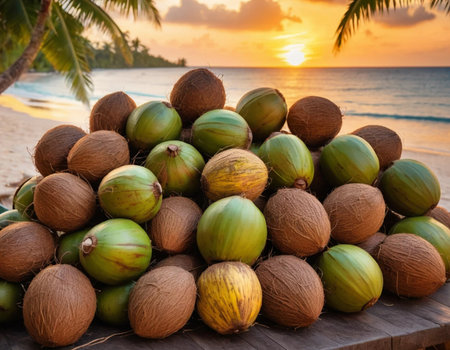 Coconut fruit on the beach at sunset. Tropical background.の素材