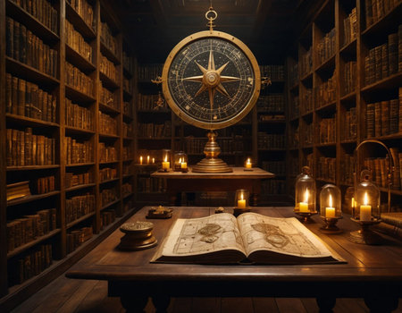 Vintage bookshelf with antique compass, candles and books in the libraryの素材