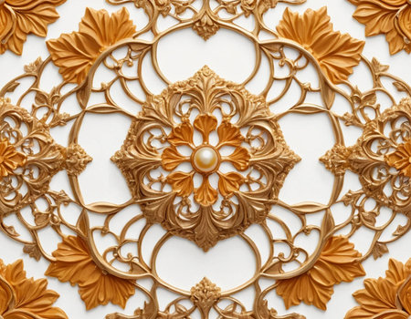 Ornament elements, vintage gold floral pattern on white background.の素材