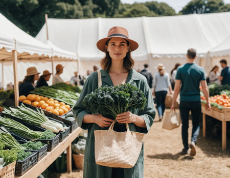 young woman in hat holding shopping bag with green vegetables at farmers marketの素材