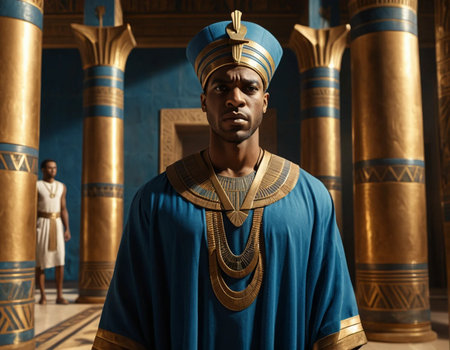 Portrait of an African American man in a turban and a turban standing in an Egyptian templeの素材