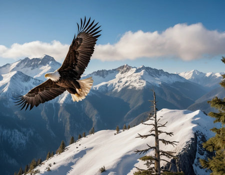 Bald Eagle (Haliaeetus leucocephalus) in flight over the mountainsの素材
