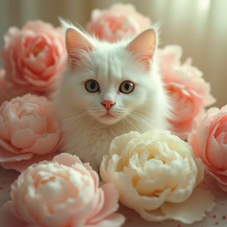 Cute white kitten with pink peony flowers on light background.の素材