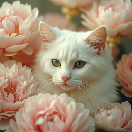 Beautiful white cat with pink peony flowers. Toned.の素材