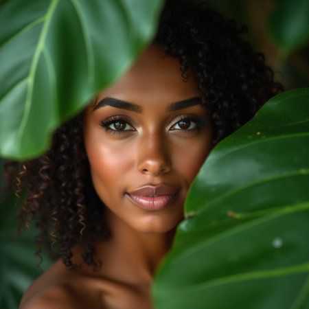 Portrait of a beautiful young African American woman looking at cameraの素材