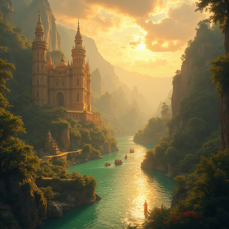 Fairy Tale Landscape with Monastery on the Green River.の素材