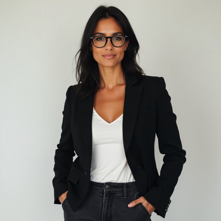 Portrait of a beautiful business woman in black suit and eyeglassesの素材