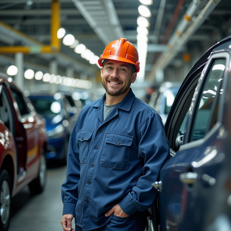 Portrait of a smiling male worker standing in front of a car in a workshopの素材