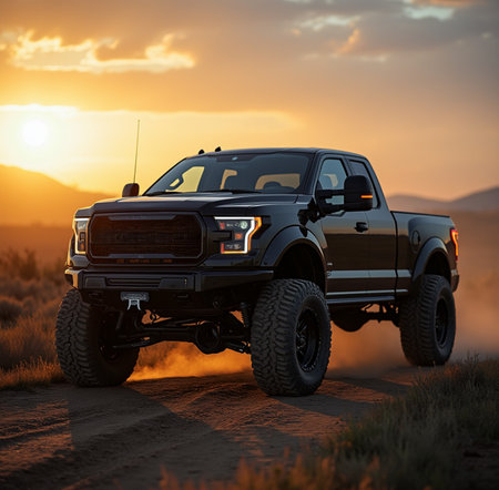 3d rendering of a off road vehicle in the desert at sunsetの素材