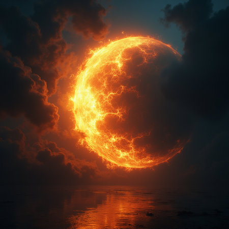 Fiery sun in the night sky. 3D render illustration.の素材