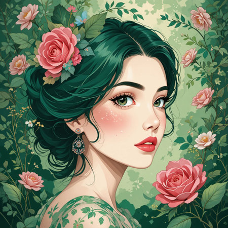 Beautiful young woman with green hair and flowers. Vector illustration.の素材