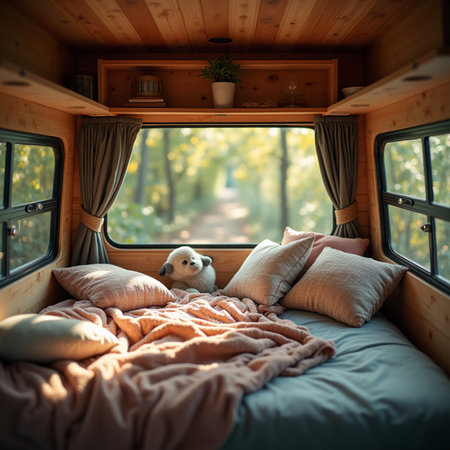 Cute dog on the bed in a camper van at sunsetの素材