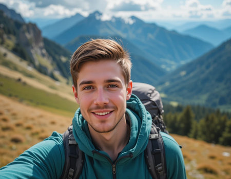 Handsome young man taking a selfie with a backpack in the mountainsの素材