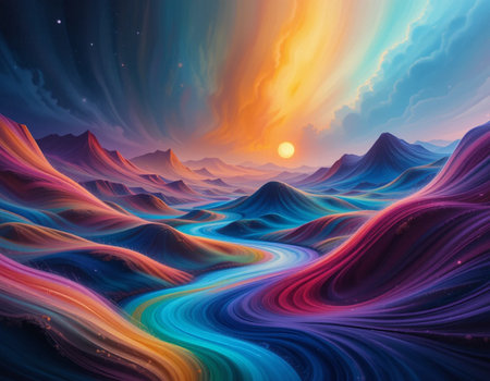 Colorful fantasy landscape with mountains and sun. 3D illustration.の素材