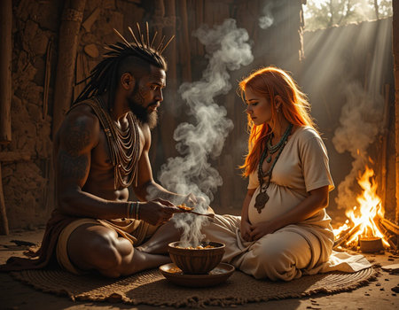 Portrait of a man and a woman in native clothes sitting in front of the fireの素材