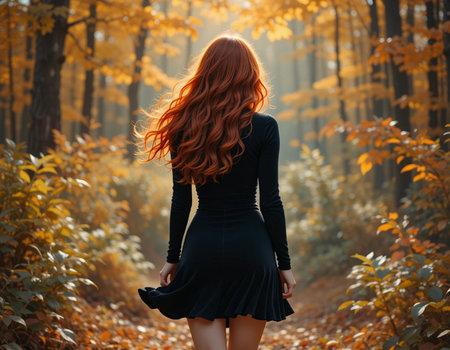 Beautiful red-haired girl in a black dress in the autumn forestの素材