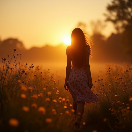 Silhouette of beautiful young woman walking in the field at sunsetの素材