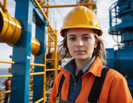 Portrait of a young female worker on oil and gas platform.の素材
