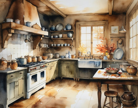 Interior of a rustic country style kitchen. Digital painting.の素材