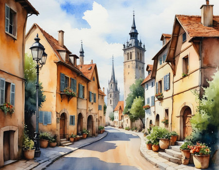 Watercolor painting of a street in the old town of Strasbourg, Franceの素材