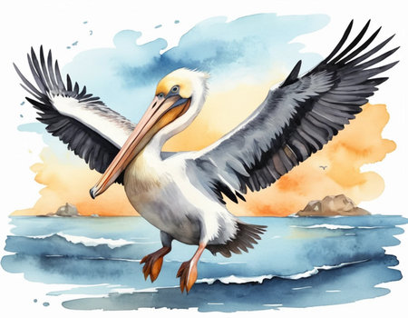 watercolor sketch of a pelican flying in the sky illustration for childrenの素材