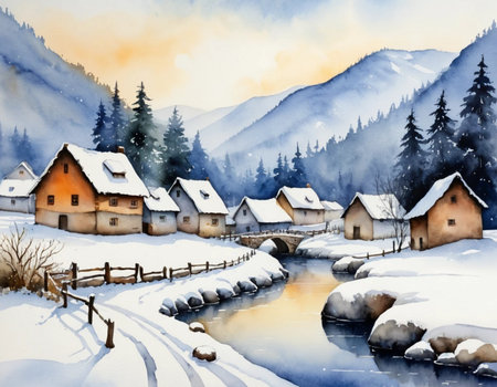 Beautiful winter landscape with snow covered village in mountains. Watercolor painting.の素材
