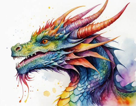Colorful dragon watercolor painting on white background. Hand drawn illustration.の素材